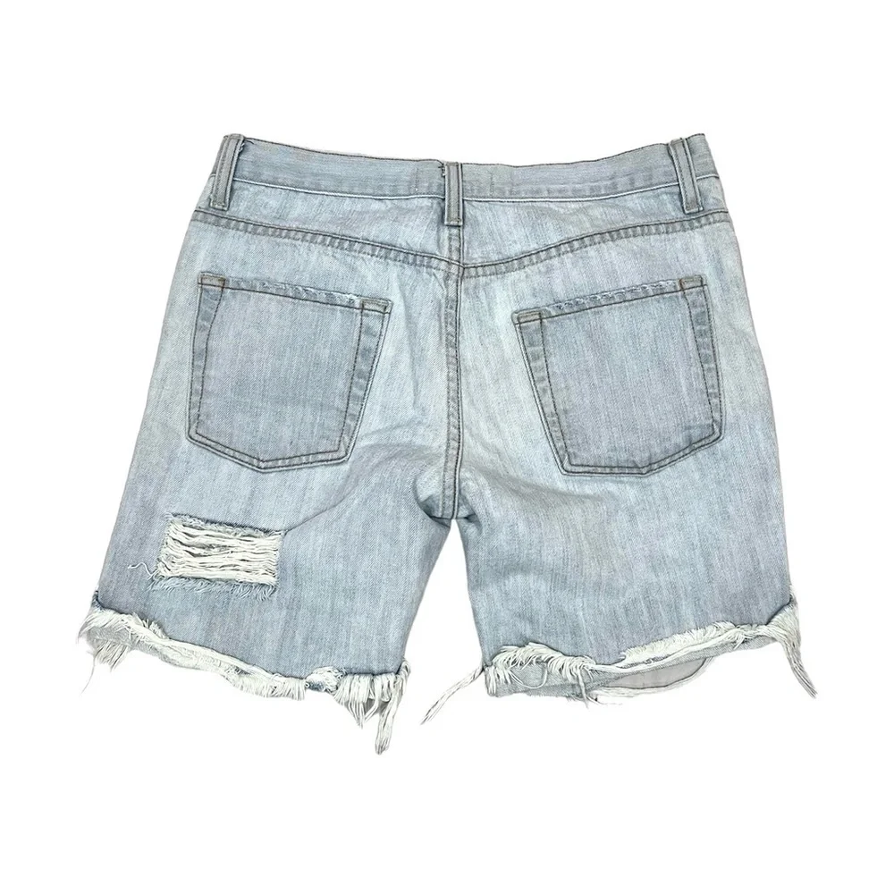 Free People Shredded Distressed Light Bleach Wash Baggy Bermuda Jean Shorts